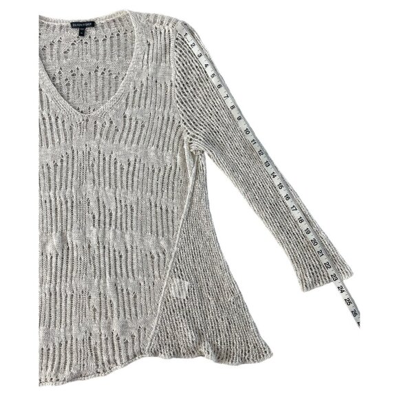 Eileen Fisher Melange Crochet Tunic V-Neck Sweater Linen XL Pebble Asymmetric - Picture 7 of 11